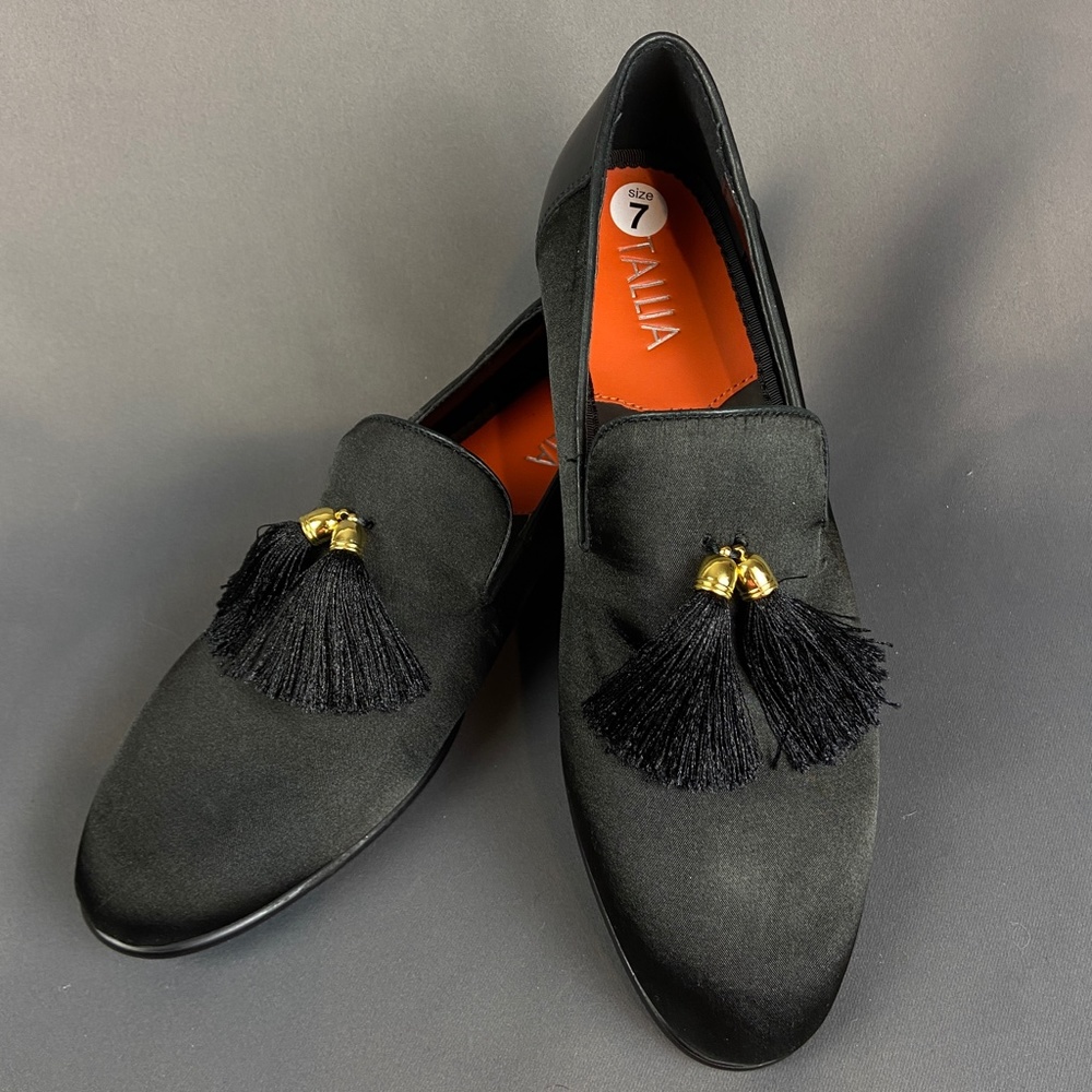 Tallia Eduardo Black Leather & Satin Tassel Loafer Slip on Shoes Size 7